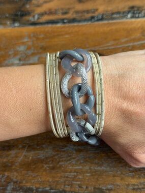 Gray Resin Chain and Silver Multi-Row Bangle Bracelet